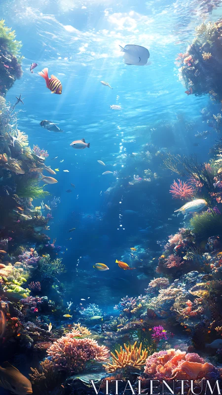 Sunlit tropical reef with colorful fish and rich corals.