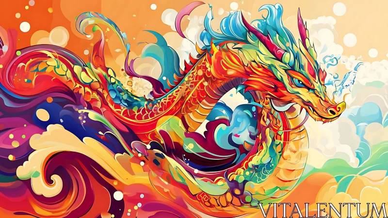 Prismatic storm dragon swirling through neon sunrise skies.