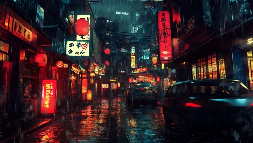 Neon-soaked alleyway in cinematic cyberpunk rainstorm.