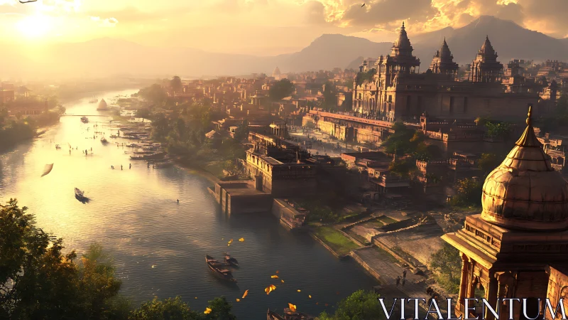 Riverside historic city with temples in warm sunset light.