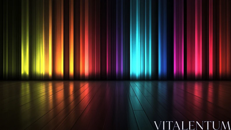 Vertical color bands illuminate reflective wooden floor surface