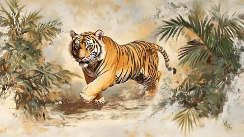 Majestic tiger strides through misty jungle foliage with power.