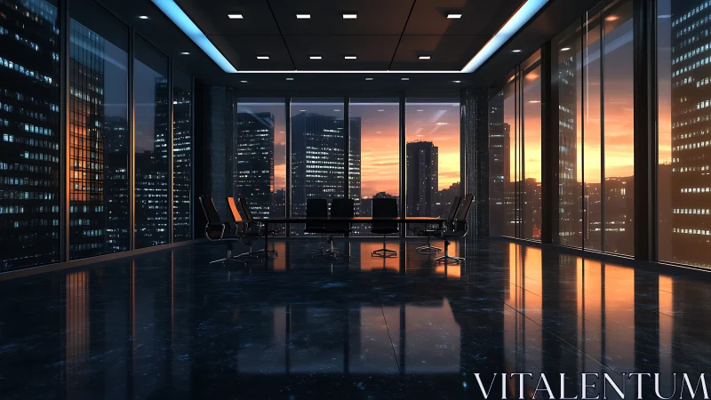 Golden Hour Reflections: Modern Office at Sunset.