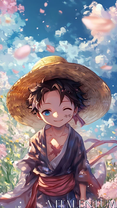 Smiling anime boy in straw hat under drifting blossoms.