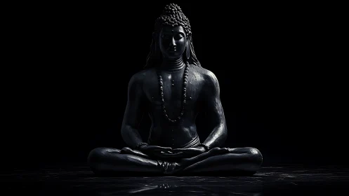 Black meditative Buddha statue sits in deep shadow contrast