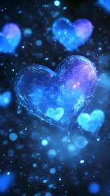 Luminescent hearts suspended in dark space.