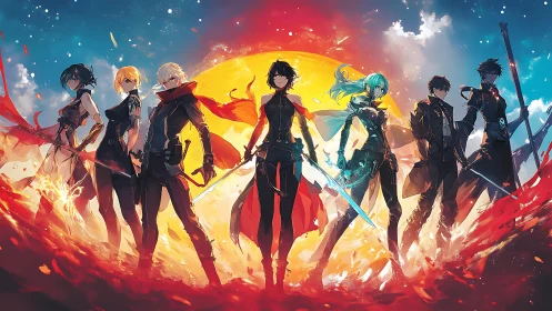 Heroes stand united before a blazing sun in vivid skies