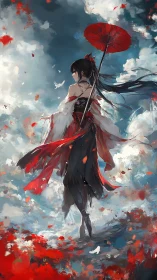 Scarlet-clad wanderer with umbrella amid stormy sky.