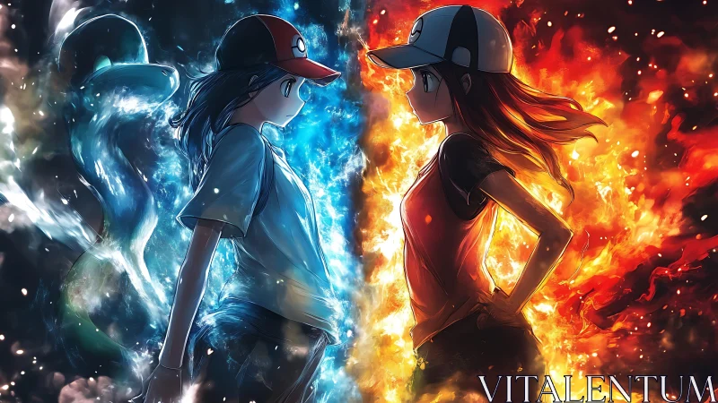 Anime elemental duel with mirrored fire and water composition.