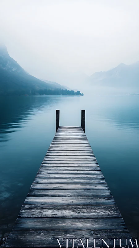 Wooden pier extending into calm misty mountain lake.