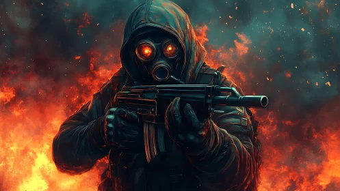 Hooded gas‑mask soldier with rifle amid apocalyptic flames.