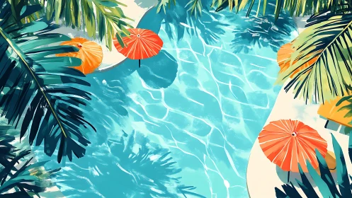 Tropical pool scene with palm leaves and orange umbrellas.