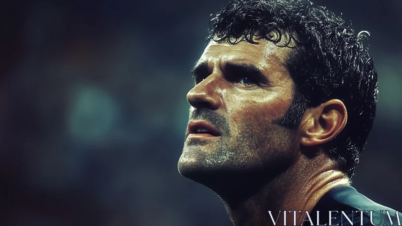 Sweat-drenched athlete in cinematic sidelight close-up portrait.