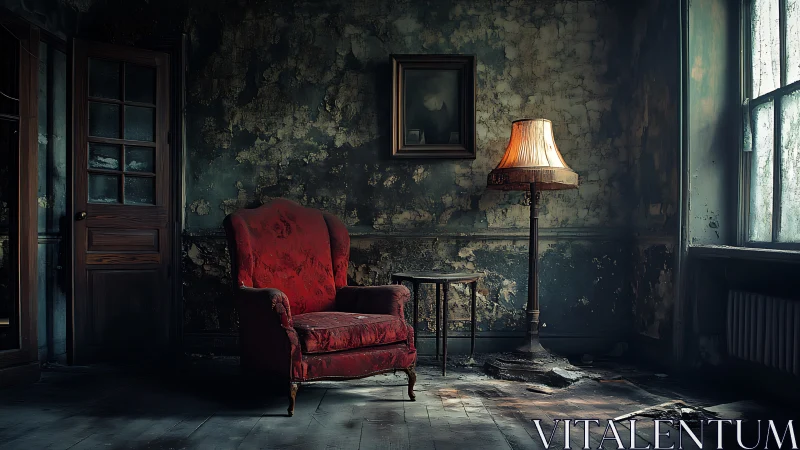 Red armchair and floor lamp in deteriorated interior space.