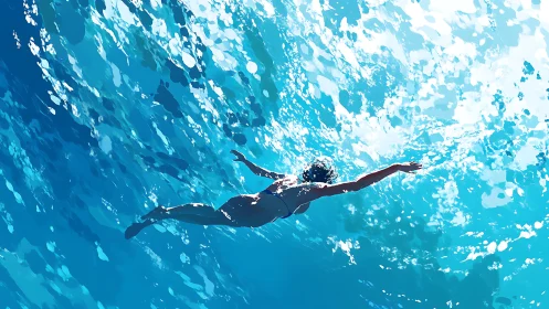 Underwater swimmer glides through refracted turquoise light.