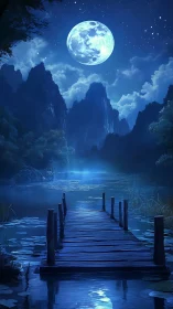 Moonlit wooden pier over calm lake in blue night landscape.