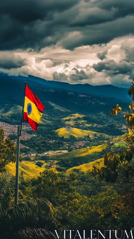 Storm-lit valley hills and vibrant flag in lush countryside.