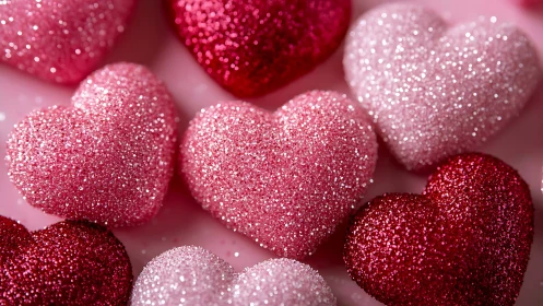 Glittered pink and red hearts in soft macro sparkle focus.