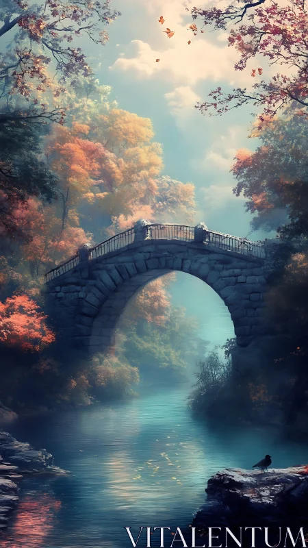 Stone arch bridge over misty teal river in autumn forest.