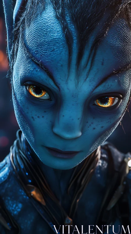 Close-up portrait of blue extraterrestrial humanoid figure.