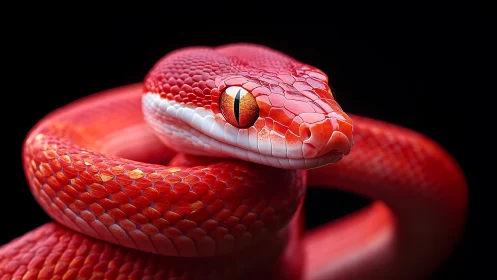 Red coiled snake is rendered in detailed close-up profile view