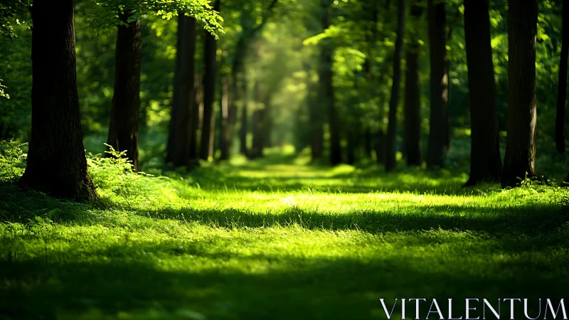 Sunlit Forest Path with Lush Greenery in Tranquil Morning Light.