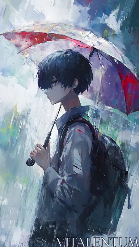 Chromatic rainfield study of solitary youth under umbrella.