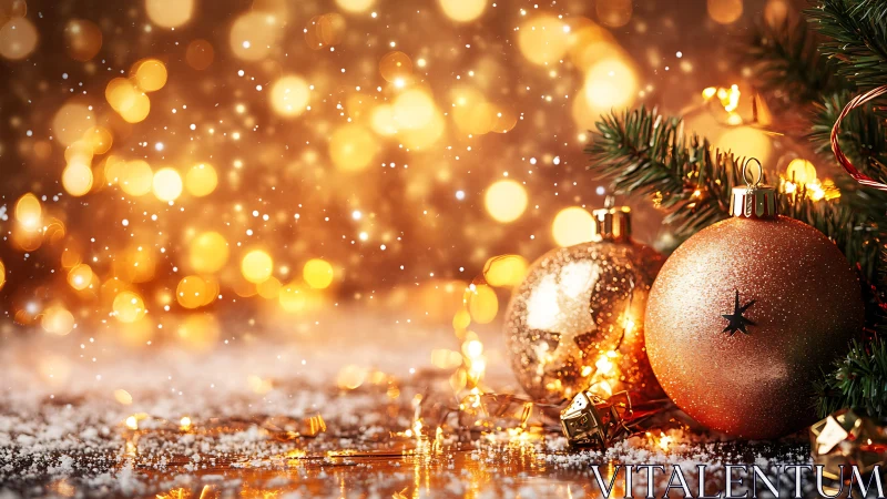 Golden Christmas ornaments glow amid sparkling bokeh light.