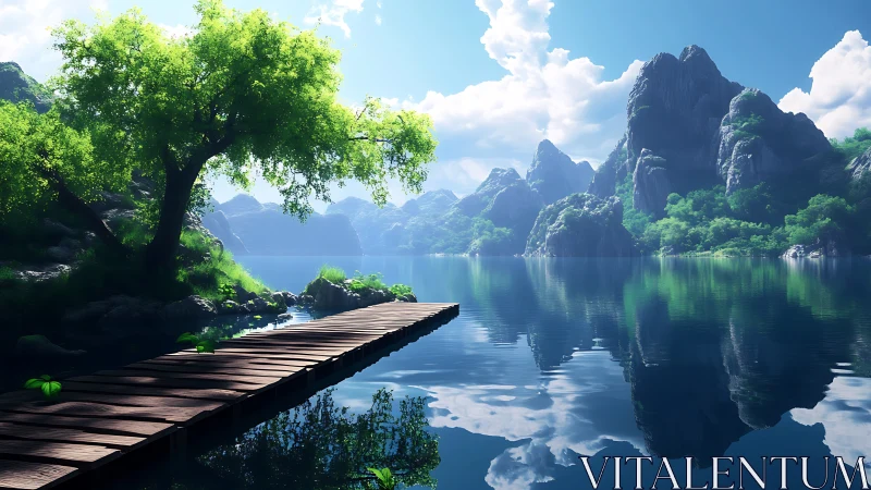 Lakeside wooden pier under bright tree and alpine cliffs.