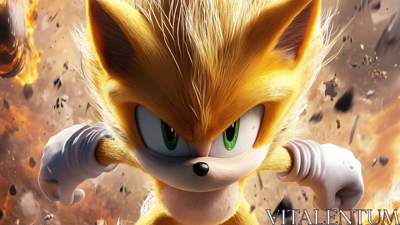 Golden hedgehog hero charges through explosive debris field.