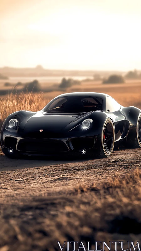 Low-slung black supercar on rural dirt track under warm backlight