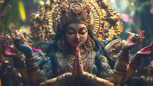 Golden Hindu goddess statue with folded hands in prayer pose.