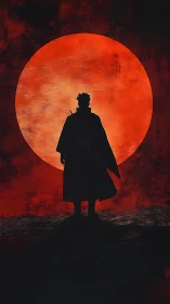 Lone warrior silhouette eclipses a searing crimson moon.