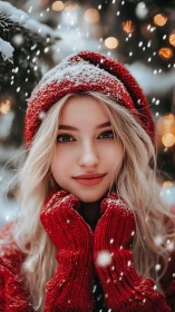 Snowy red sweater glow around a cozy winter smile.