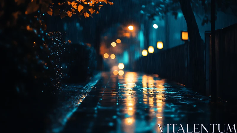 Rainy city sidewalk reflects blue and orange streetlights
