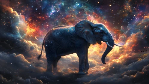 Celestial elephant strides through nebular clouds in space