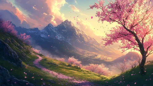 Soft spring path winds toward glowing snow capped mountains