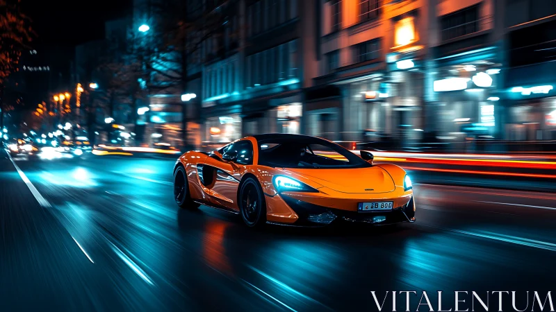 Orange supercar races through neon city streets at night