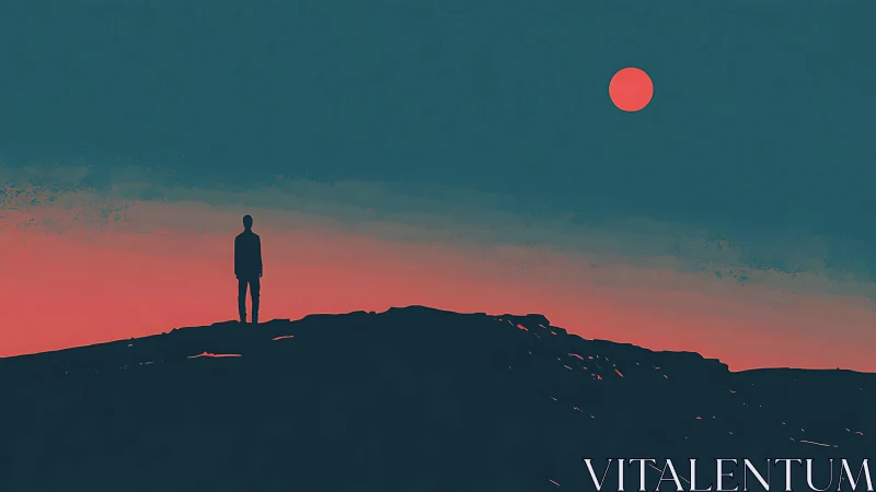 Solitary silhouette studies a coral sun over quiet horizon