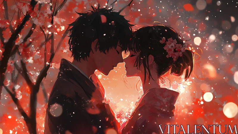 Romantic anime couple in glowing sakura evening tableau.