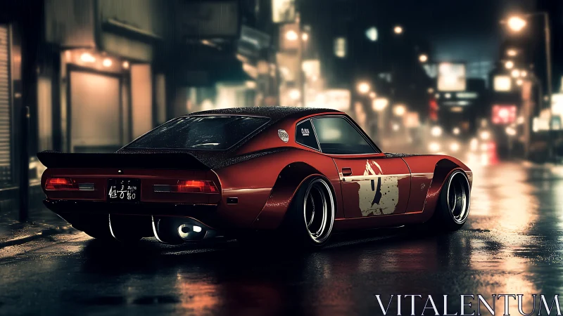 Widebody red street racer idles under neon rain glow