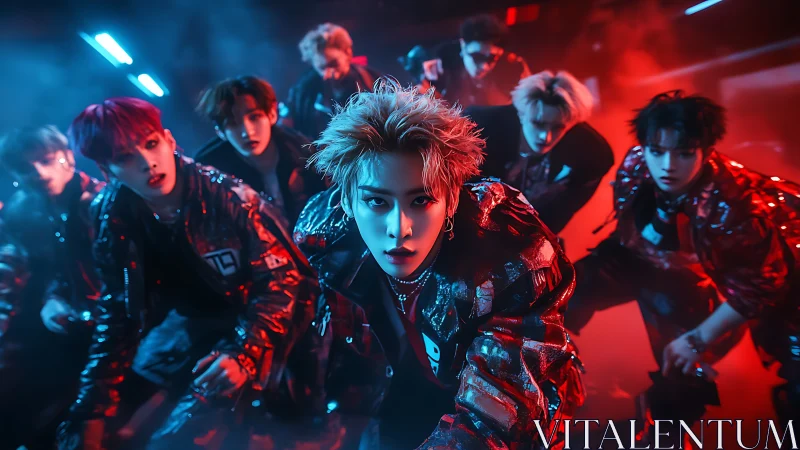 Cyberpunk dance crew advances in neon red-blue haze