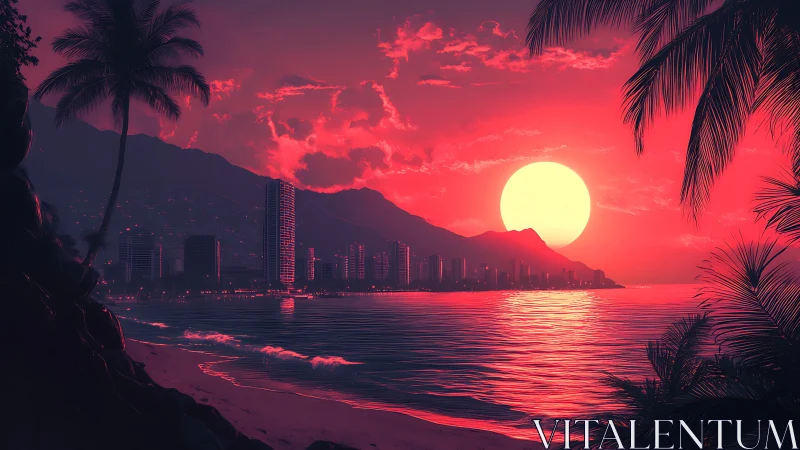 Neon sunset coastline with silhouetted towers and palms framing.
