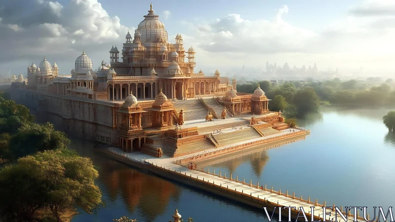 Riverside palace complex rendered in luminous digital painting