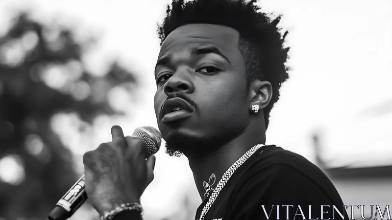 Monochrome close-up captures vocalist mid-performance gaze