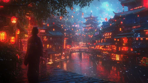 Woman in kimono walks through rainy lantern lit canal street.