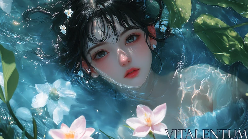 Digital painting portrait of aquatic nymph amid lotus blooms.