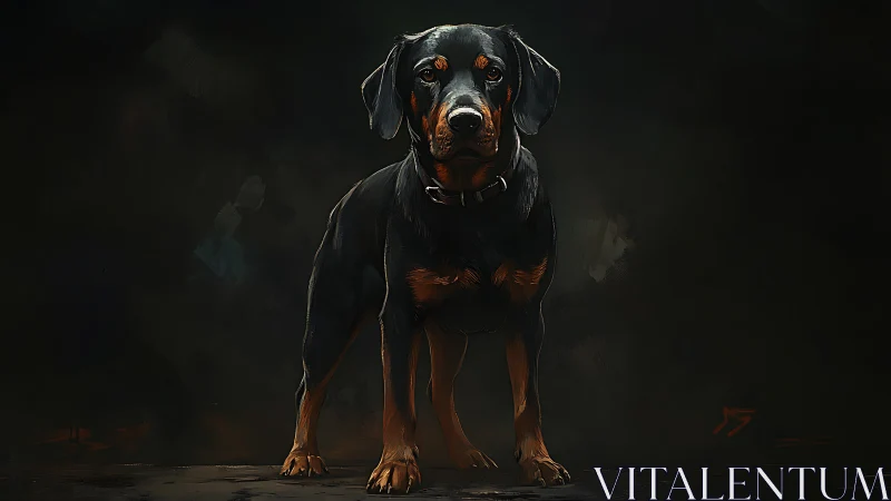 Low-key digital portrait of black and tan dog under controlled rim lighting
