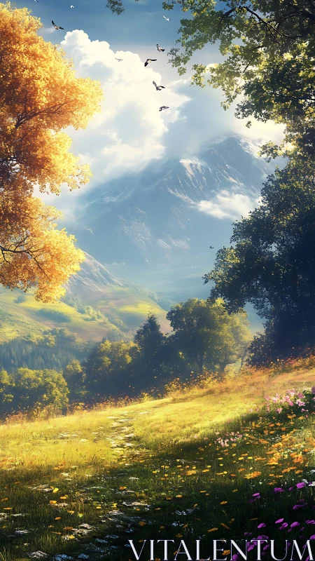 Sunlit mountain trail drifting through blooming valley dreams.