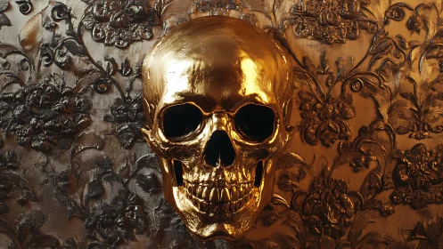 Gilded skull grinning against baroque floral shadows wall.